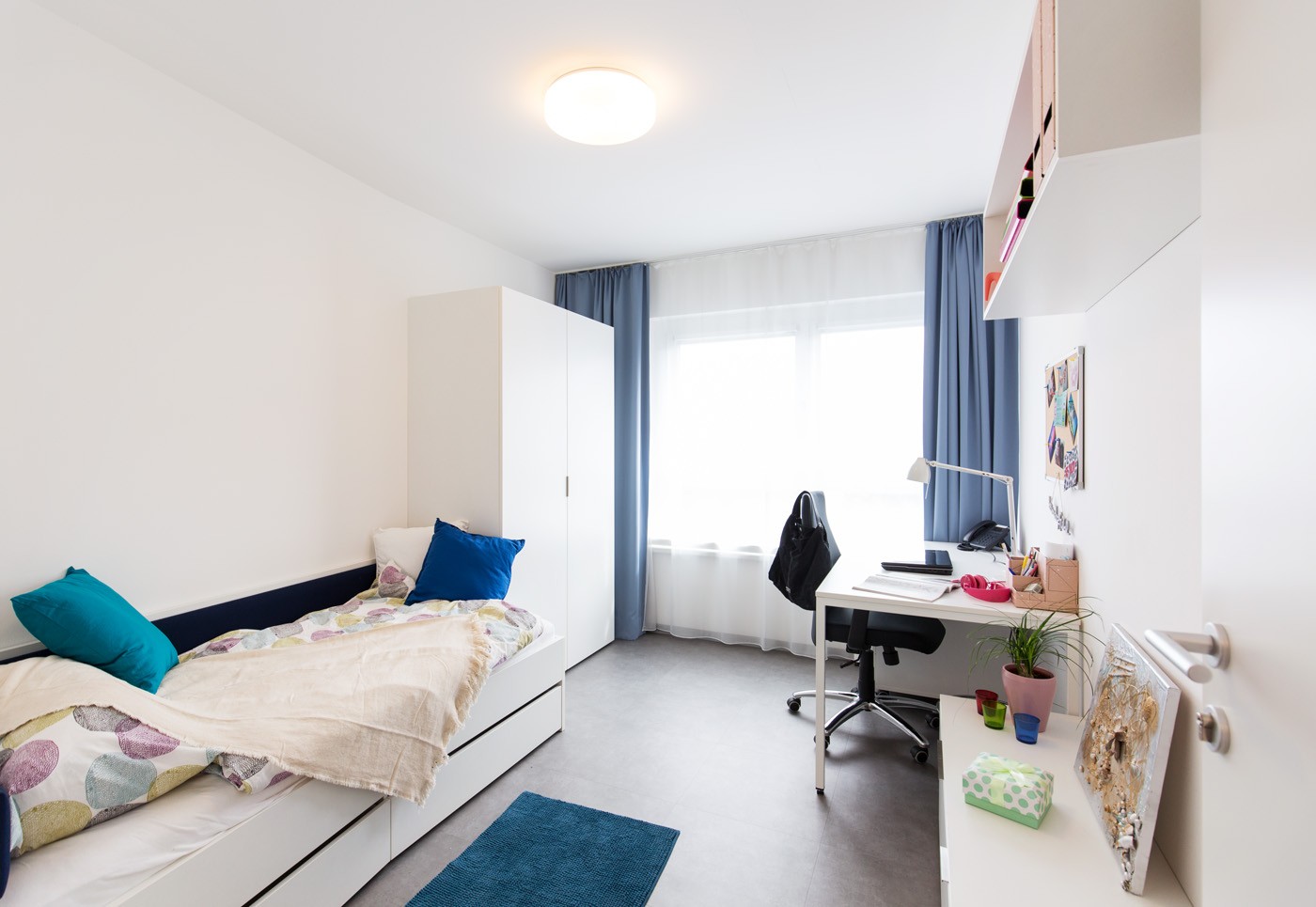 Helles Studentenzimmer mit Einzelbett, Schreibtisch, Sessel, Schrank, Regalen und Fenster mit blauen Vorhänge
