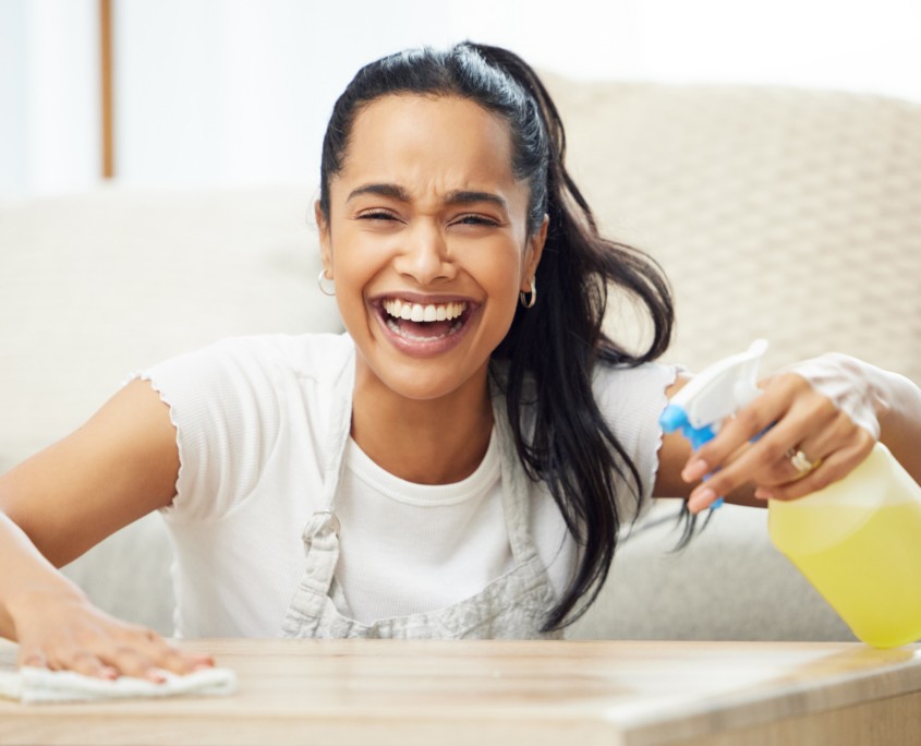 Woman, spray and cloth for table in portrait for smile, laugh and domestic housework in living room. Girl, person or cleaner with bottle, chemical or liquid to shine wood in home for cleaning service